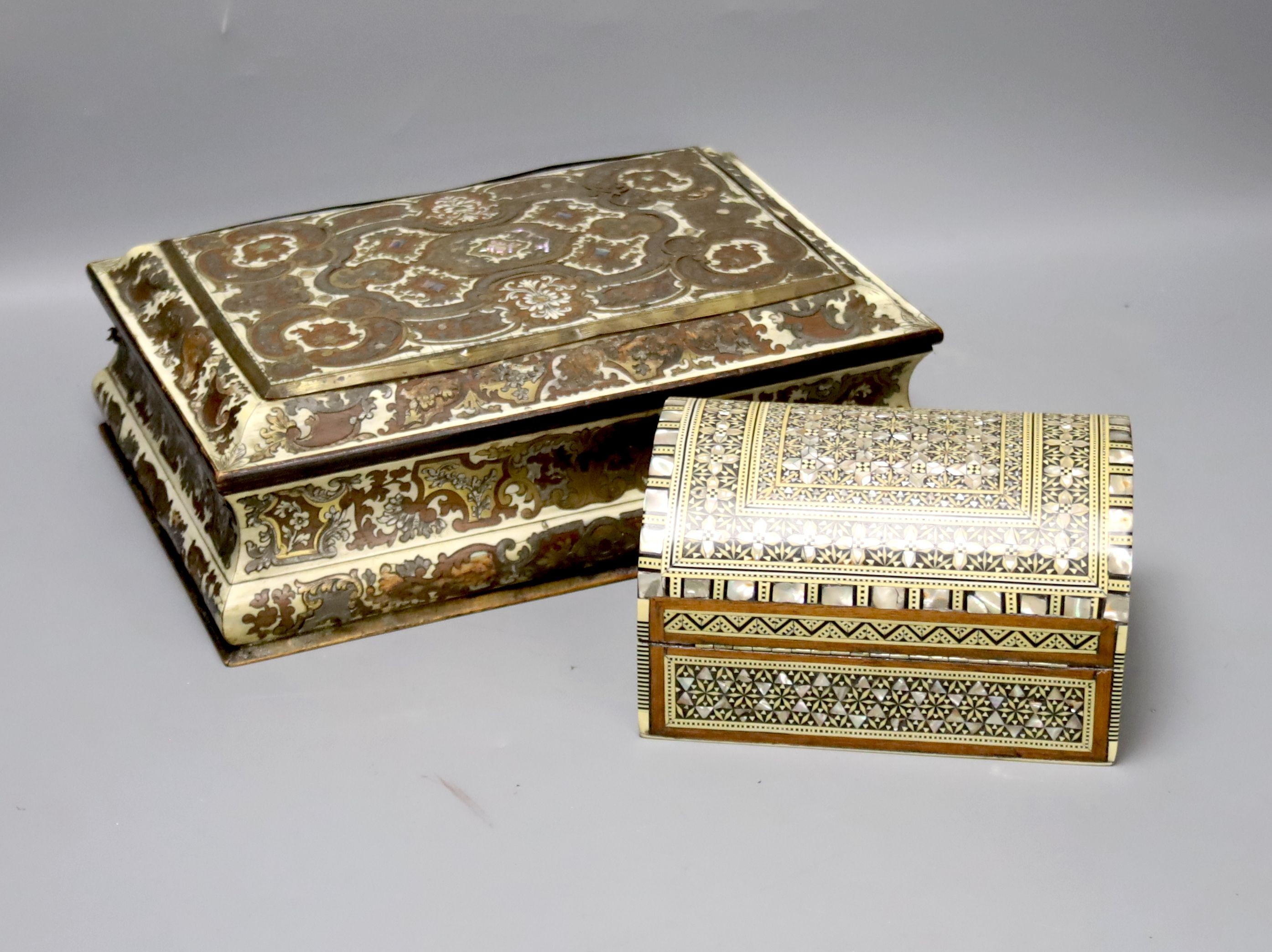 A 19th century French cut brass pewter and ivory inlaid jewellery box, h 10cm, 27 x 19cm, together with a parquetry box (2)